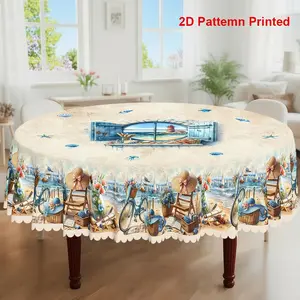 1pc, Spring Summer Themed Party Tablecloth, Shell Starfish Bicycle Rose Floral Printed Design, Rectangular/Round/Oval Table Cloth, Embossed Edges, Suitable For Picnic Dinner Kitchen Dining Room Decoration