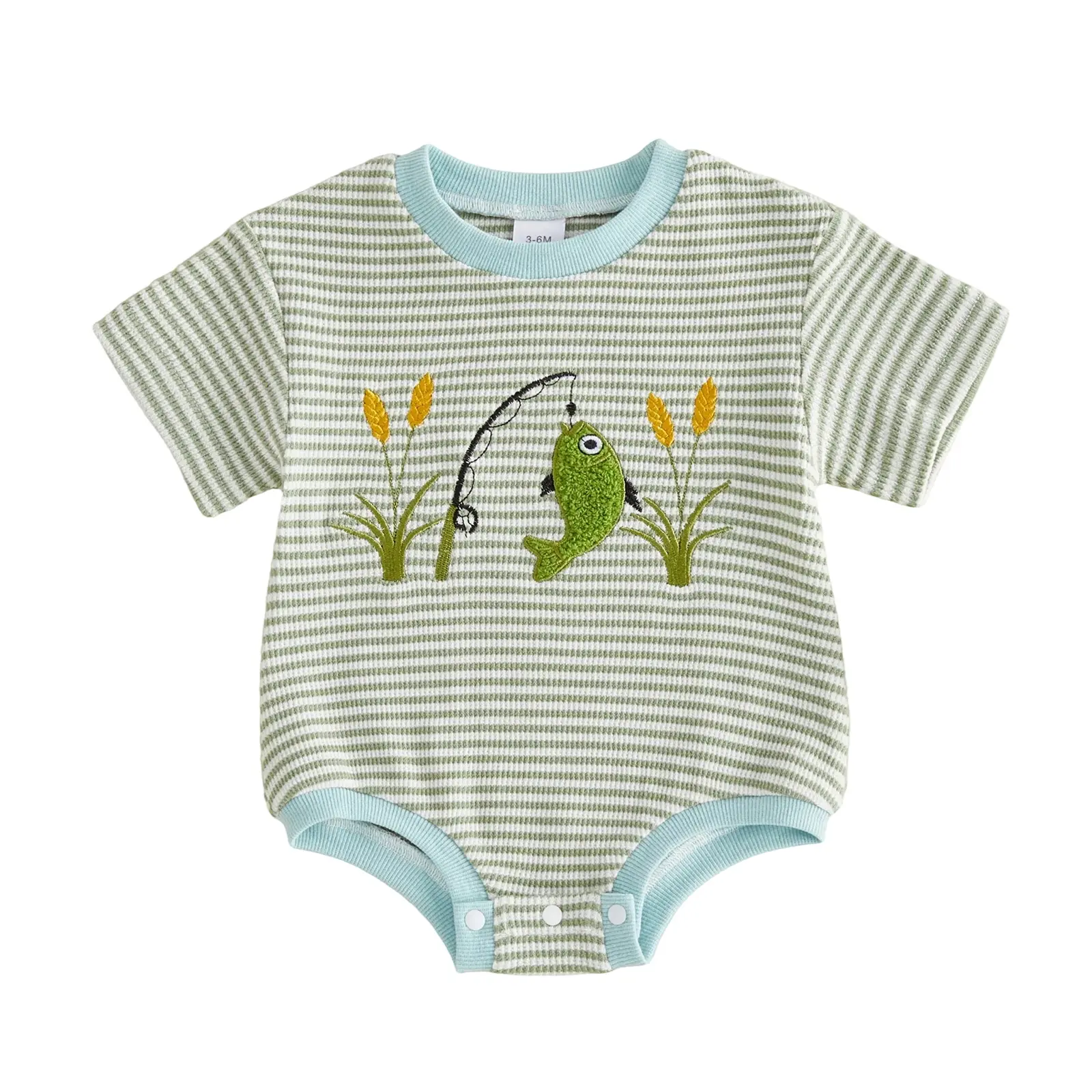 Infant Baby Boy Romper Summer Crew Neck Short Sleeve Fish Embroidery Striped Print Waffle Knit Jumpsuit Onesie Bodysuit