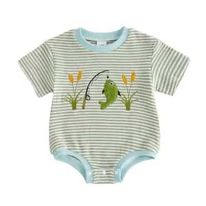 Infant Baby Boy Romper Summer Crew Neck Short Sleeve Fish Embroidery Striped Print Waffle Knit Jumpsuit Onesie Bodysuit