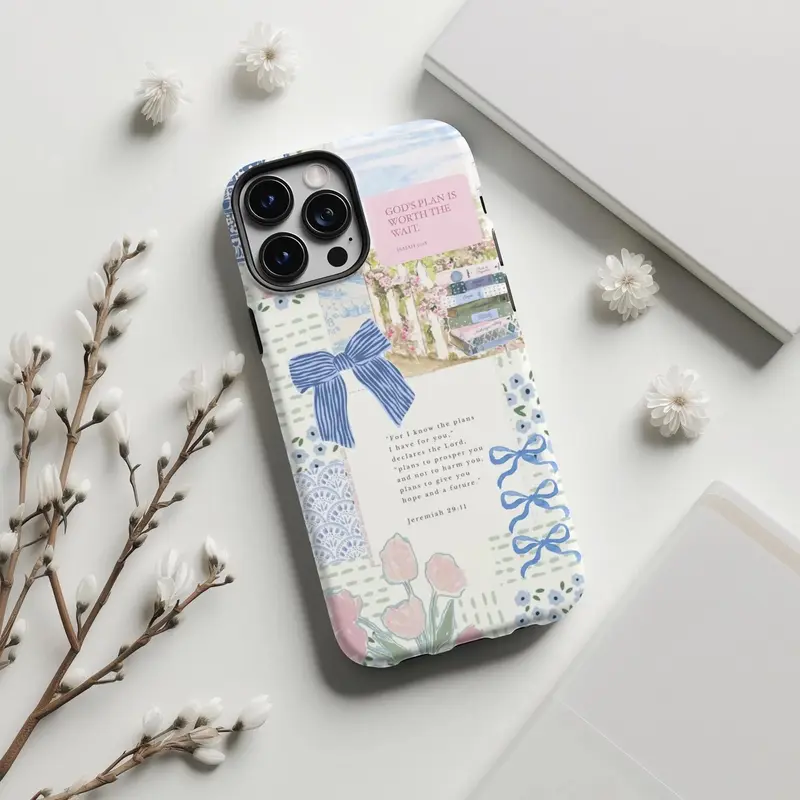 Faith-Bow Collage Christian Coquette Cellphone Case for iPhone 1-17 Pro Max, iPhone 16 Plus - Durable Shockproof Polycarbonate & Light Blue Rubber Casing, Gloss Finish, Jesus God Bible Verse, Religious Protection Accessory