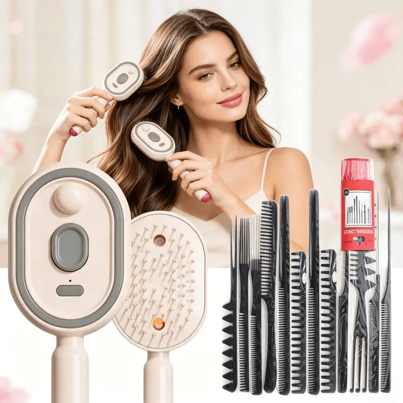 3-in-1 Electric Steam Spray Scalp Massager Hair Brush Set, 10Pcs Professional Salon Combs, Self-Cleaning Anti-Static Moisturizing Steam Brush for Curly Dry Damaged Hair & Deep Scalp Care