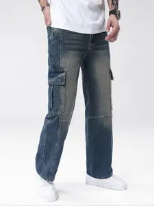Men's Loose Fit Street Style Cargo Pants, All-Season Comfortable Wide Leg Design, Trendy Multi-Pocket Skateboard Jeans, Denim