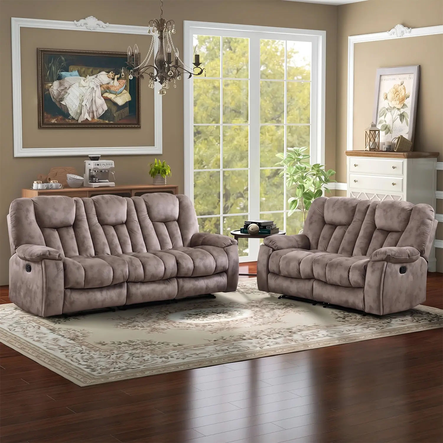 EBELLO Manual Recliner Sofa Set-Soft Fabric Reclining Living Room Sets Loveseat and 3 Seater Massage Heated Recliner Couch with Hidden Cup Holders for Adults Elderly