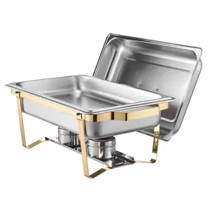 Gold Stainless Steel Chafing Dish Bakeware Set, 4-Pack 8 Qt Rectangle Catering Warmers with 2 Full-Size Containers, 4 Half-Size Containers, Lids, Water Pans, and Stands for Weddings, Parties