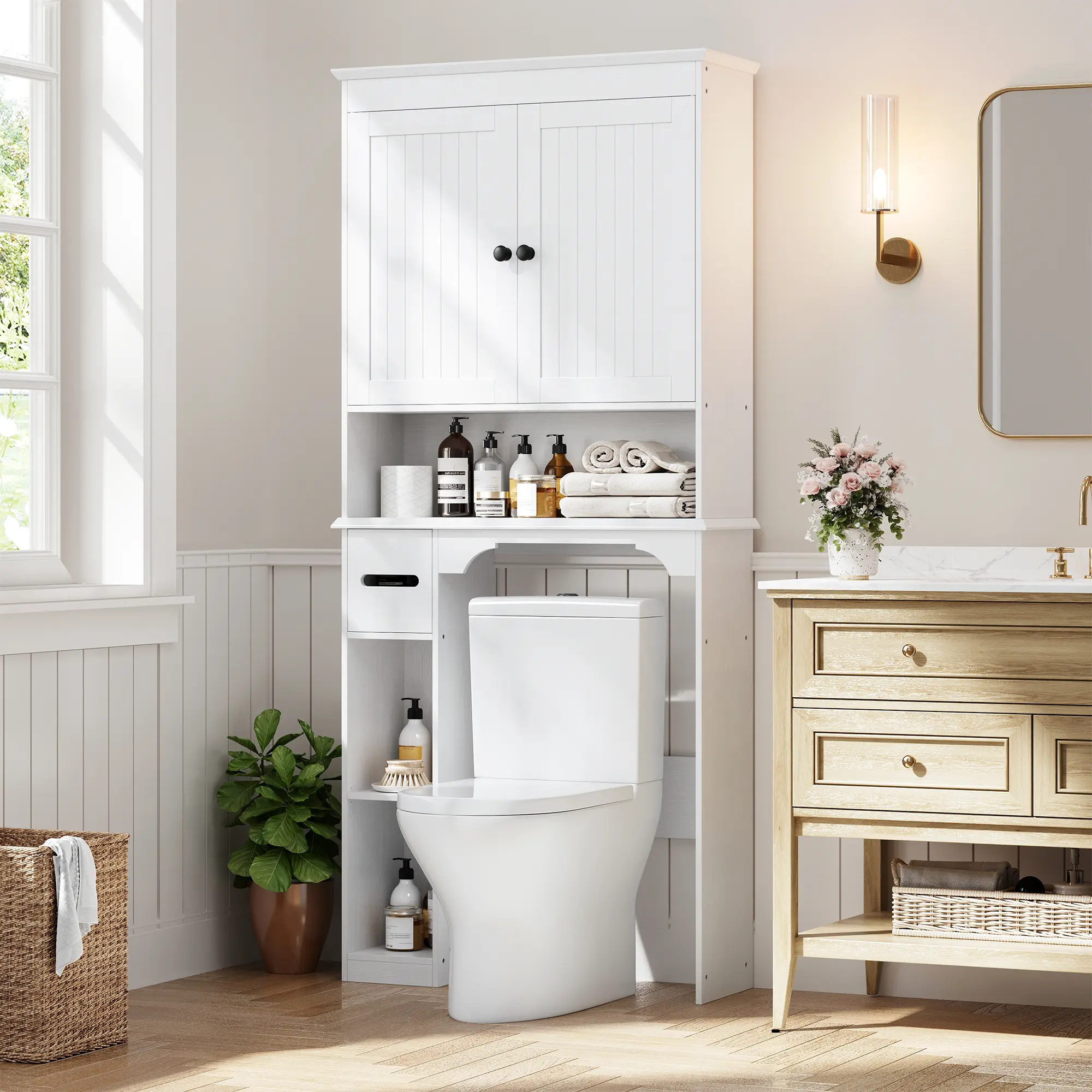Garvee 66''H Over The Toilet Storage Cabinet, Farmhouse Storage Cabinet with 2 Barn Door & Toilet Paper Holder Stand, Toilet Rack for Bathroom, Laundry Furniture Organizer, White