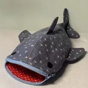 Durable Canvas Shark Pen Bag with Fun Star Pattern, Cute Zipper Stationery Bag for Teens and Office, Teen Stationery Holder Shark Shape Denim Look