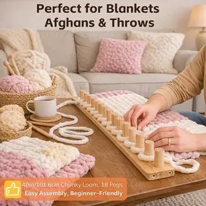 Wooden Weaving Loom Kit for Blankets – Adjustable Hand Weaving Tool for Chunky Yarn, Thick Plush Blanket Maker, Easy Assembly DIY Craft Kit for Beginners, Afghans and Throws