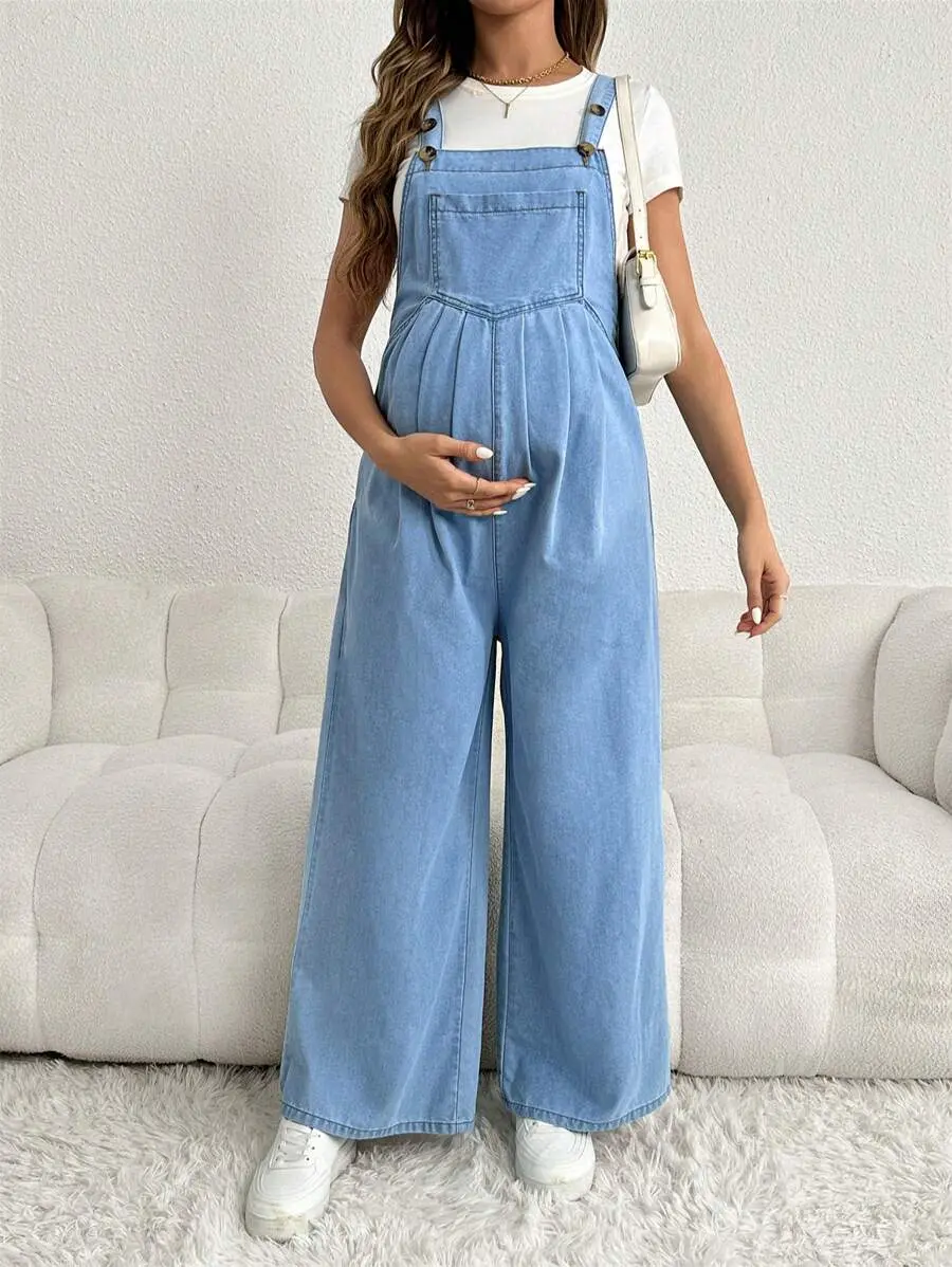 MaterniRIO Adjustable Strap Loose Fit Long Wide Leg Maternity Denim Overalls, Blue