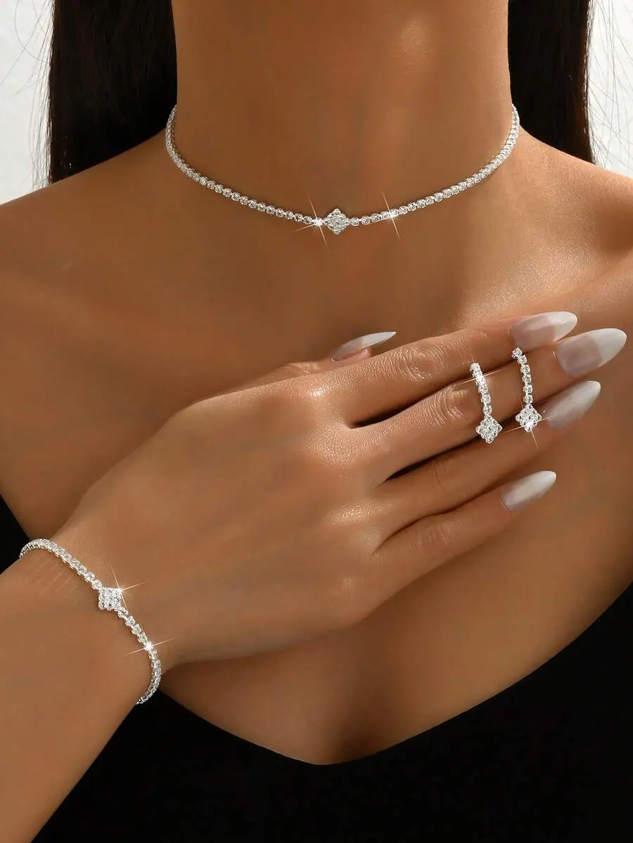 Women's Elegant 4-Piece Costume Jewelry Set - Necklace, Earrings for Women, Bracelet - Ideal for Bride, Party Occasions