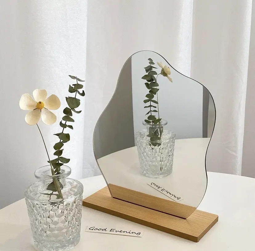 Creative Desk Makeup Mirror Decor- Wooden Portable Table Top Mirror on Stand, Small Hand Vanity Desk Mirror, Wavy Mirror, Unique Gift