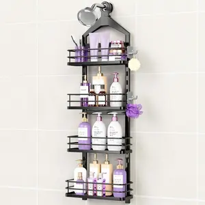 4 Tier Height-Adjustable Shower  Hanging Anti-Swing-Over The Shower  -Sho wer Storage Organizer Bathroom Shelves Basket Rack Caddies-Black