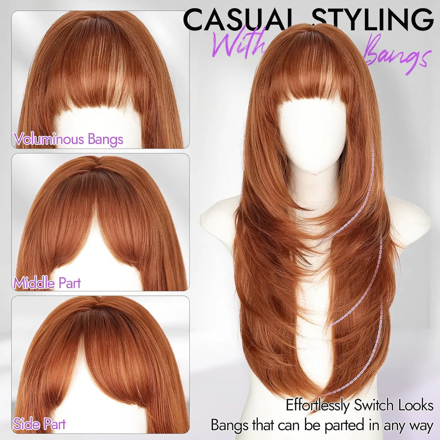Long Layered Synthetic Wig with Bangs, Heat-Resistant, Glueless Cap KOME Ombre Blonde Synthetic Lace Front Wig, T Part Glueless  main image 2