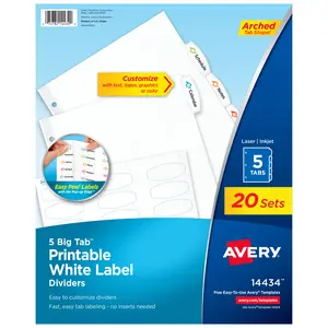 Avery Big Tab Printable White Label Dividers for 3 Ring Binders, 5 Tabs per Set, White (20 Sets of 14434)