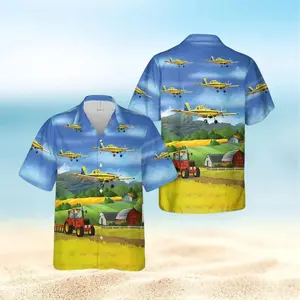 Farm Tractor Crop Duster Plane Hawaiian Shirt, Farming Field Short Sleeve Button Up, Summer Farmer Gift, Rural Life Vacation Shirt