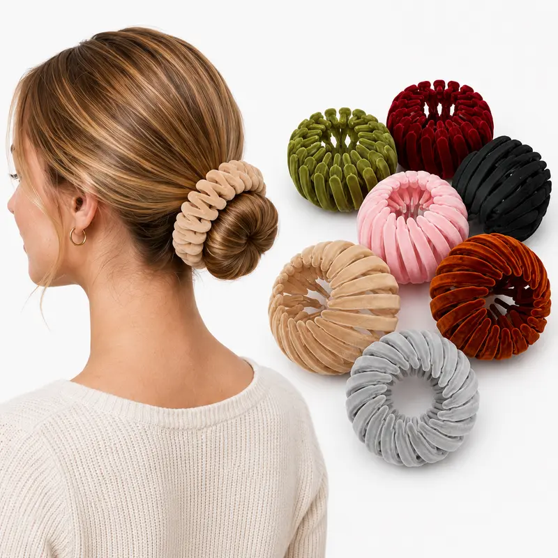 Women's 7Pcs Unscented Velvet Bun Maker Clip Set - Elastic Cute Hair Accessories, Stretchy Scrunchies, Easy Updo Tools for All Hair Types, Wedding Headpieces Gift for Daily Elegance