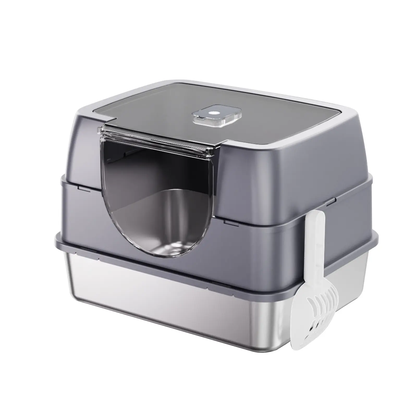 Stainless Steel Cat Litter Box - Easy Setup, Enclosed Hood, Flip-Top Lid, Front Entry Door, Detachable Parts, Removable Metal Pan, Side Scoop Holder, 50x35x35cm, Hygienic Access, Grey/Beige Indoor Cat Bathroom for Home Use