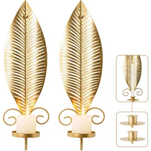 Gold Wall Candle Sconces Set of 2, Taper & Pillar Wall Iron Candelabra, Metal Golden Leaf Decor Sconce for Entryway Stair Corner Living Room, Farmhouse Fireplace,Gifts for Men Women Mom or Dad(Gold)