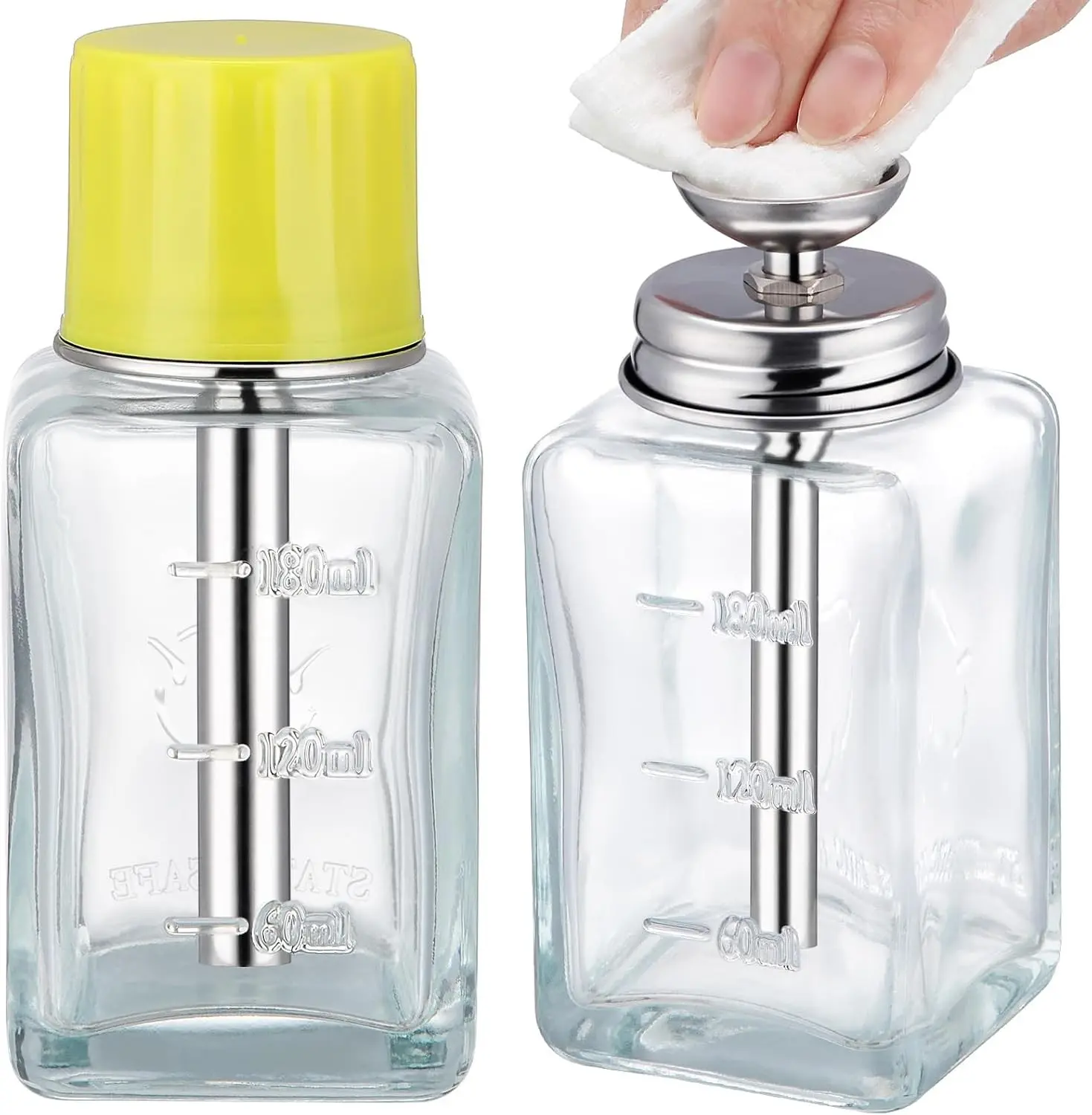 2PCS 6Oz / 180ml Clear Acetone Dispenser with Cap, Square Glass Nail Polish Remover Pump Alcohol Dispenser Alcohol Bottle, Refillable Push Down Pump Bottle for Makeup Remover