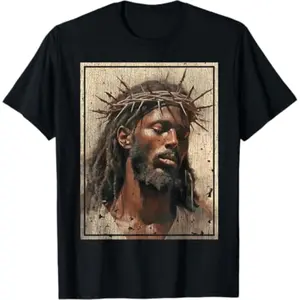 [100% Cotton] Black Jesus Shirt Face Of Jesus Cross With Crown Of Thorns T-Shirt