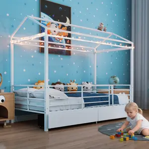 Eyisean Twin Size Modern Metal House Shaped Floor Bed, Heavy-Duty Safety Beds Frame with Guardrails & Roof, Space-Saving Low Platform Bed with Storage Drawer & Slats, No Box Spring Needed for Bedroom