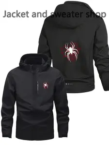 Men's Lightweight Polyester Fashion Hooded Jacket, Spider Print, Full Zipper Front, Casual Outdoor Spring Fall Summer Coat