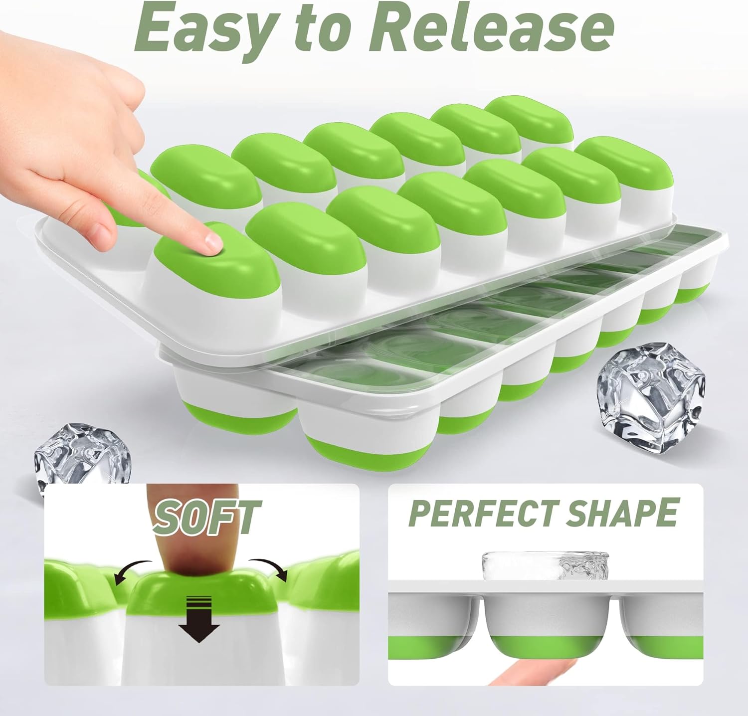 Ice Cube Tray with Lid, 4 Packs 56 Cubes Durable Stackable Ice Cube Trays for Freezer with Removable Lids, Easy-Release Plastic & Silicone Ice Tray for Cocktail, Coffee，blue and green