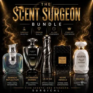 ARABIYAT PRESTIGE SCENT SURGEON BUNDLE-BAMBOO REFLECTION, EXTRADOSE HOMME 2.7FL. OZ , LA DI DA, NOIR ABSOLU, TESTER MARWA 3.4 EDP FOR MEN