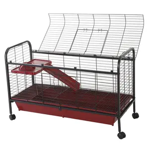 41" Wooden Small Animal Cage - Pet Play House with Rolling Wheels, Removable Platform, Ramp, Feeder, Secure Exercise Pen for Indoor/Outdoor Rabbit, Ferret (Backyard, Patio Use)