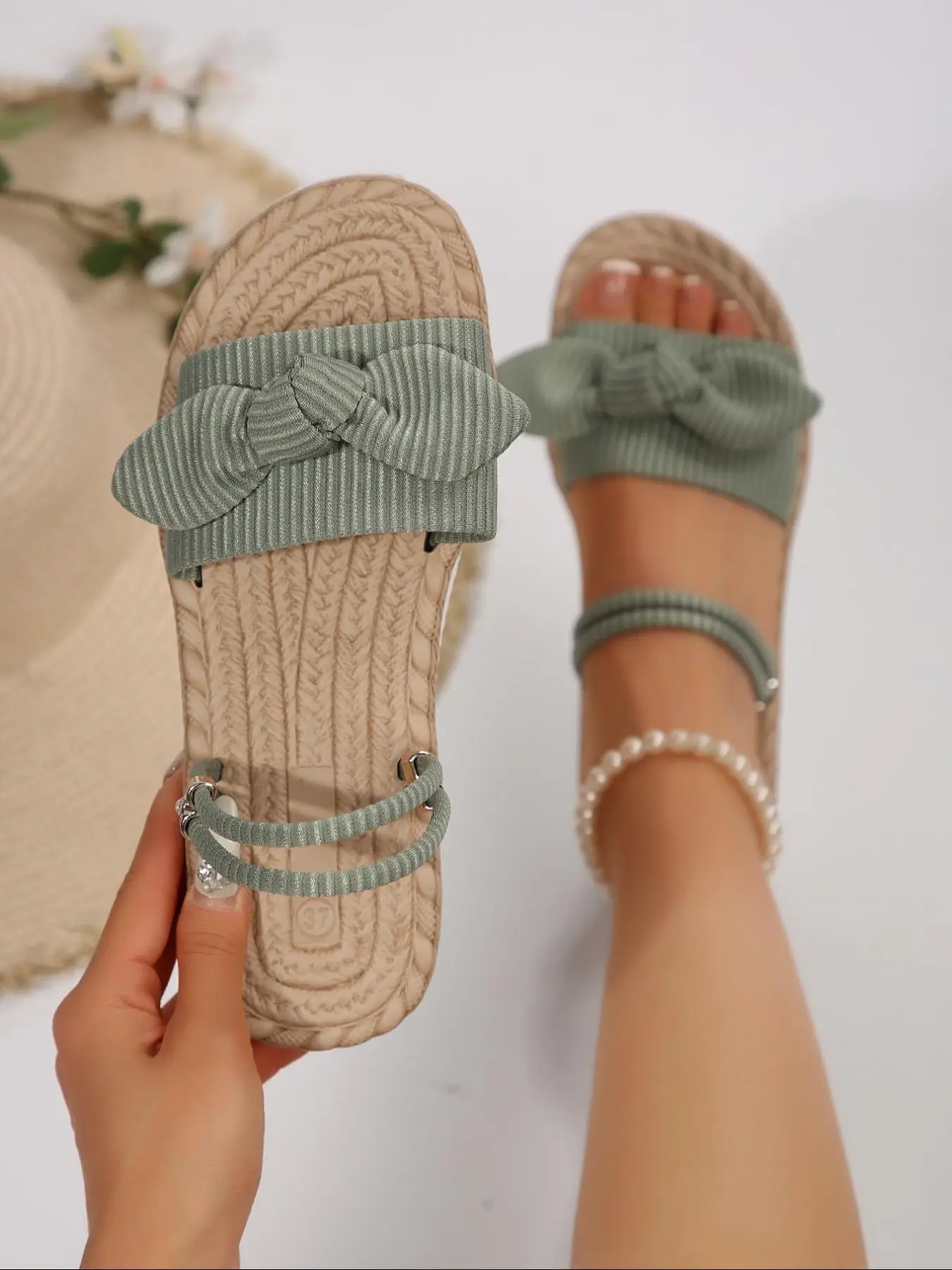 Women's Minimalist Plain Bowknot Design Sandals, Casual Versatile Flat Sandals for Summer, Lightweight Breathable Comfortable Trending Shoes for Daily