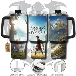 HardTimesMerch - Assassin’s Creed Odyssey #1 40oz Handle Tumbler Stainless Steel Travel Mug, Game Inspired Vacuum Insulated Cup, Large Iced Coffee Tumbler, Manga Fighter Drinkware, Gamer Gift for Him Her