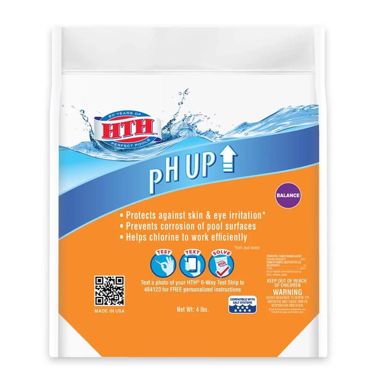 HTH 8063189 Granular pH Plus Pool Care Product - 4 lbs, Pool-Safe Chlorine, Pack of 4, pH Up, Balances Water, Prevents Corrosion, Protects Against Skin & Eye Irritation