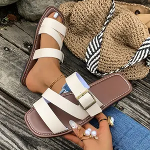 Women's Wide Width Comfortable Flat Sandals --On Open-Toe Shoes with Adjustable Straps, Faux Cover Upper & PU Sole Casual Outdoor Wear, Beach Vacations & Daily Use, Strappy Sandals