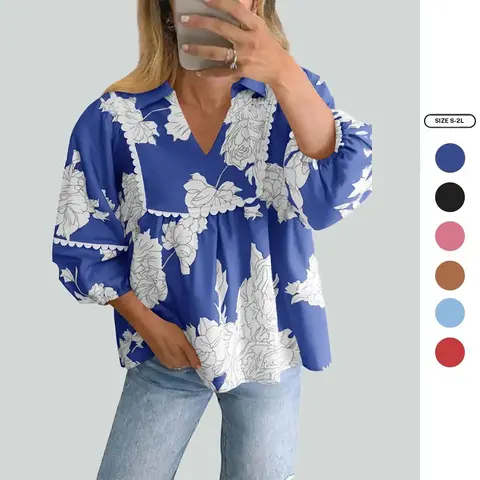 Imily Bela Womens Floral Peplum Babydoll Tops 3/4 Puff Sleeve Pleated Blouse Cute Casual V Neck Loose Fit Flowy Boho Shirts