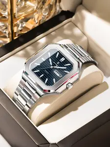 Poedagar square luxury fashion men's waterproof quartz watch, with luminous date and day display, stainless steel men's watch Square dial wristwatch
