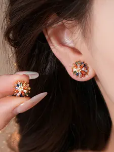 Colorful Zirconia Double Layer Flower Earrings, Stud Earrings, Artificial Zircon Earrings, Statement Earrings, Luxurious High-End Design, French Style Ear Decor, Women Fashion Jewelry