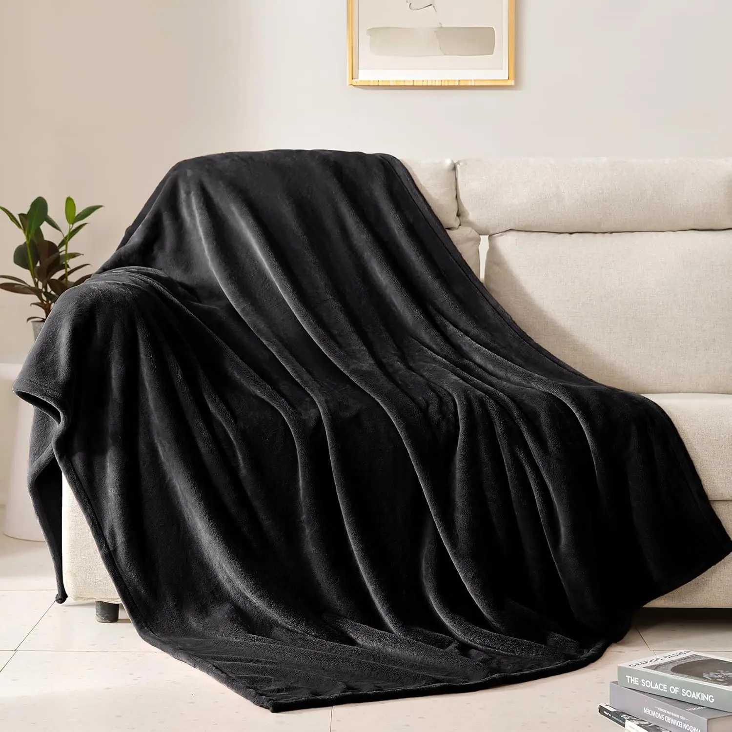 Extra Large King Size Fleece Fabric Throw, Wrinkle Resistant All Black Full Size Fuzzy Plush Lightweight Blanket for Couch, Sofa (108" x 90"), All Black Throws, Extra Large Throws