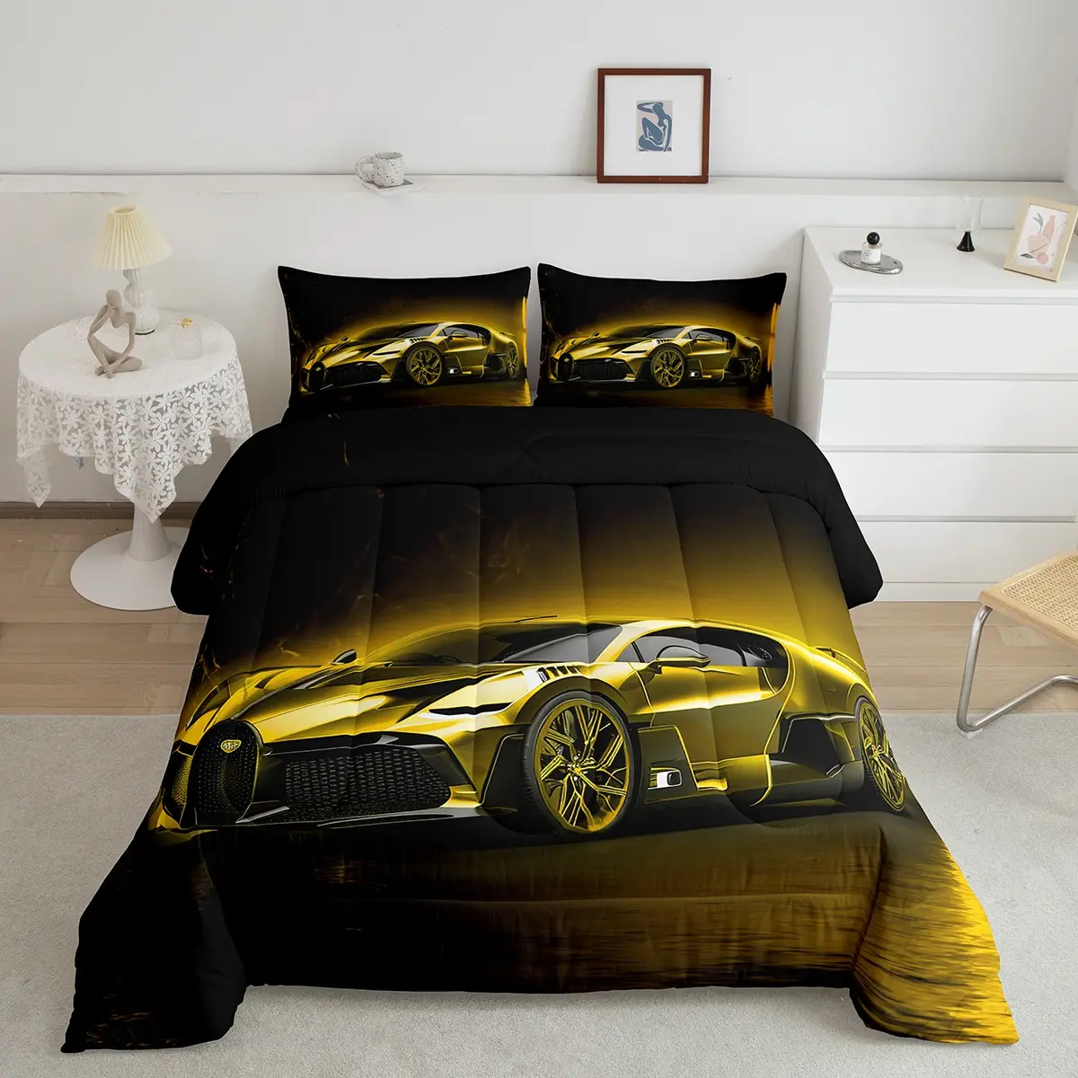 Feelyou Microfiber Bedding Set - Lightweight Sports Car Designer Comforter, Yellow Race Car Quilt, Extreme Sports Theme Luxury Bedding Decor Set, Luxury Bedding Set
