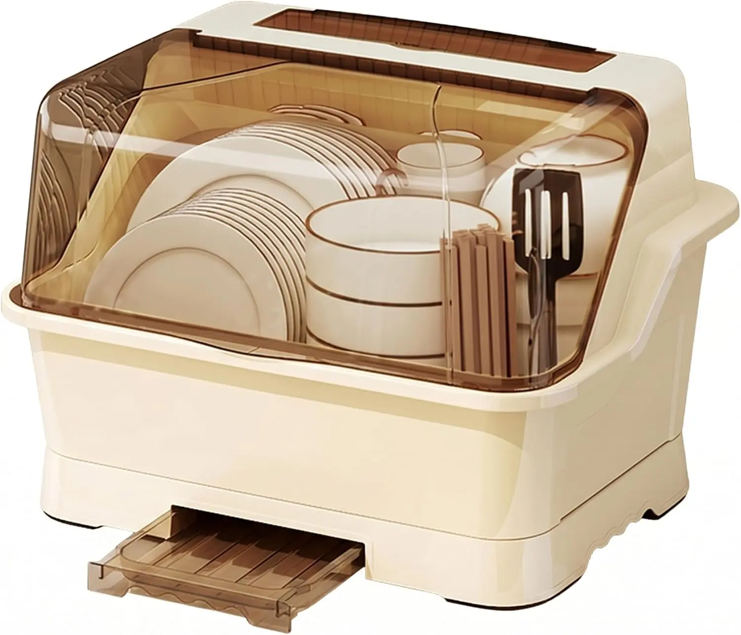 Lid-Style Bowl, Plate, and Chopstick Cabinet, Dish Drying Rack with Cover Plate Storage Rack with Pull-Out Drain Tray Full Enclosure Dust-Proof Dish