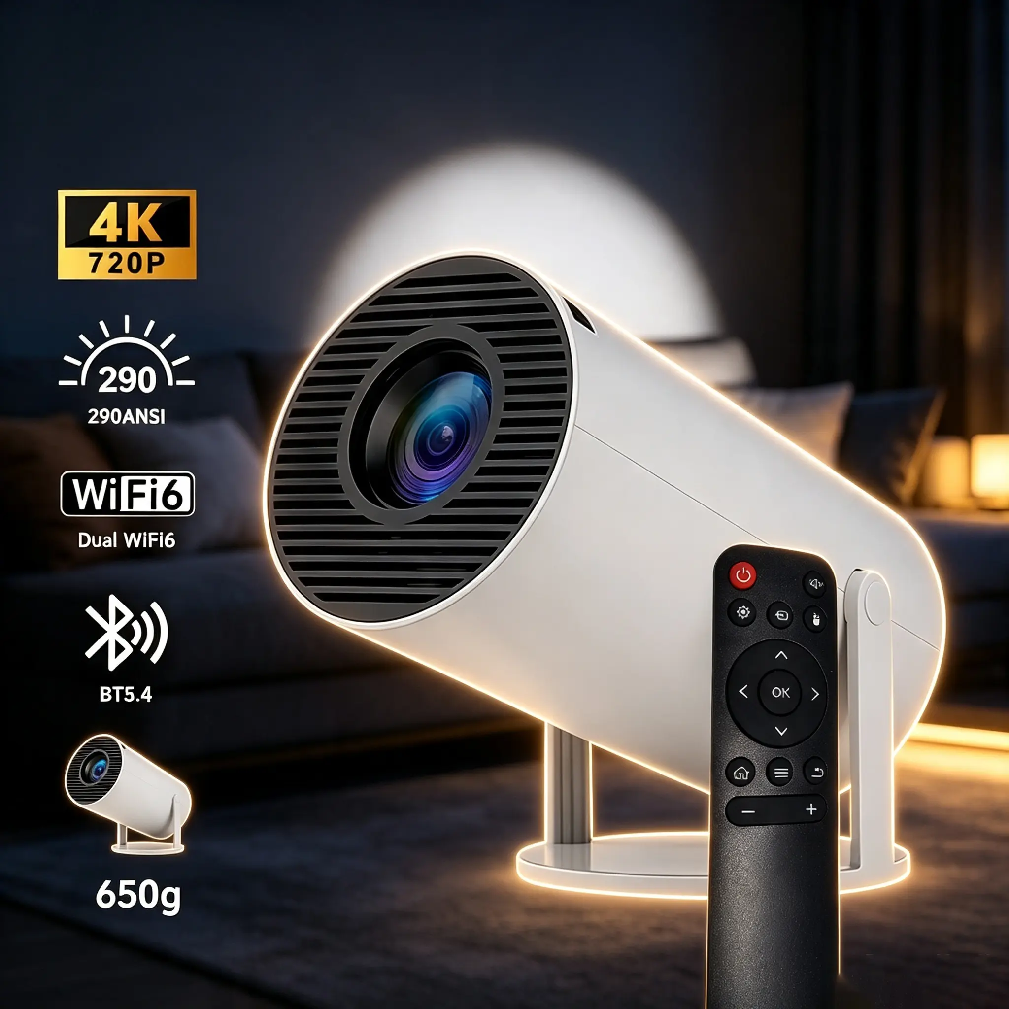 Mini Portable Tabletop Pico Smart cosy Projector - 720P Full HD LED, 290 ANSI Lumens, Wireless Bluetooth 5.4, WiFi, Android OS, Auto Keystone, 180° Rotatable, 130" Screen, Built-In Speaker, Remote Control, Mount Compatible for Gaming & Small Space Use