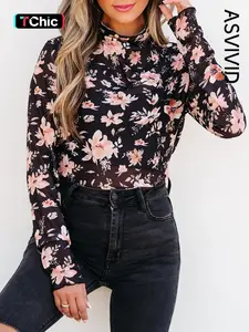 Elegant Floral Print Mesh Half High Neck Long Sleeve Top, Women's Casual Slim Fit Blouse for Spring and Autumn, Stylish Ladies Wear