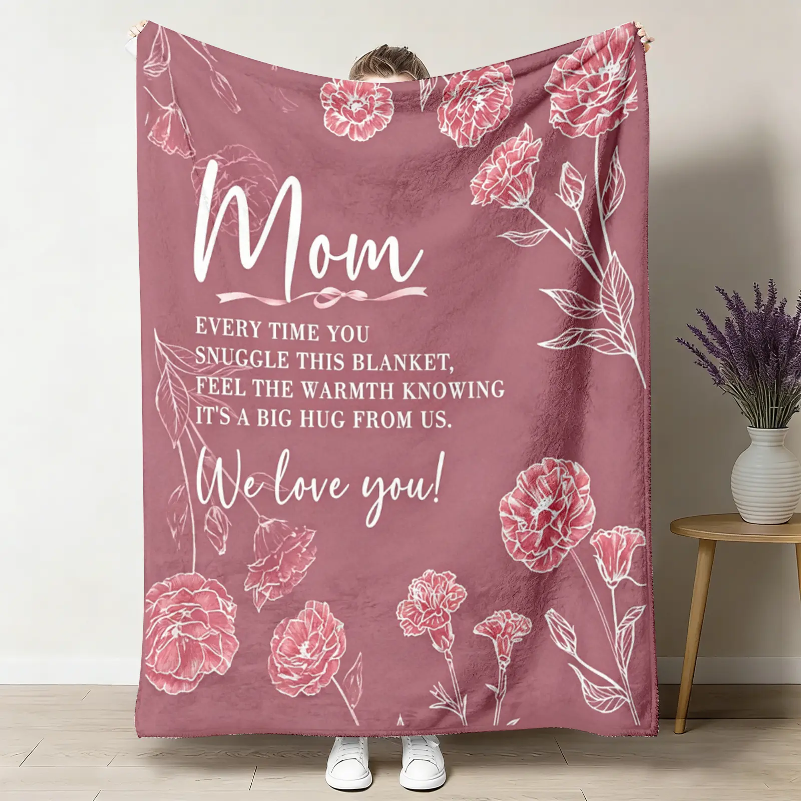 Pink Carnation Graphic Flannel Plush Throw Blanket for Mom, Wrinkle-Resistant Marshmallow Soft Warm Blanket (30x40 to 60x80 Inches, 50x60 Inches Included) for Sofa, Air-Conditioned Room Nap Use, Perfect for Birthdays