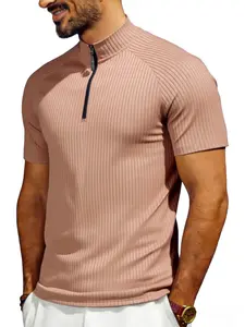 Men's Slim Fit Short Sleeve Quarter Zip Polo Shirt, Quick Dry Breathable Ribbed Sports T-Shirt, Gym Fitness Running Casual Wear