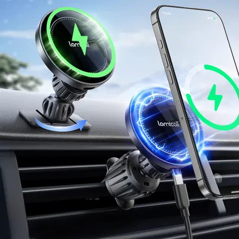 Lamicall 15W MagSafe Magnetic Car Phone Holder Wireless Charger - Magnetic Charging Design, 2-in-1 Vent Clip/Stick, Dashboard Adhesive, High Speed Charger, Adjustable, 66lb Sturdy Hold, Car Accessory for iPhone 16/15 Pro Max
