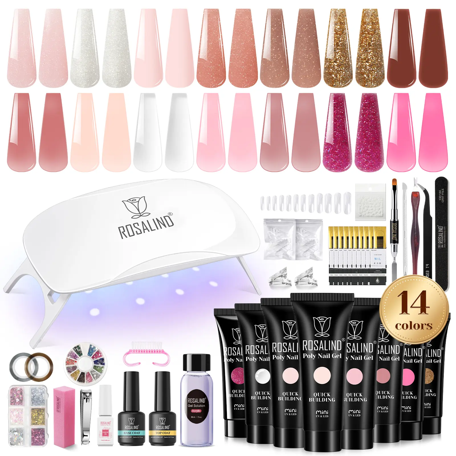 ROSALIND Poly Nail Gel Kit With UV Light—14 x 10ml Quickly Builder Gel Polish+Base Coat Top Coat+Professional Tool Set,Must-Have Acrylic Alternative for Nail Extension,salon Nails at Hom
