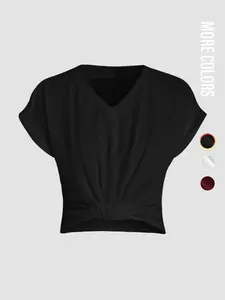 2026 Valentine's Day Best Seller V Neck Summer Short Top, Fitted Casual Pleated Design for Dates and Work, Stylish Plain Color Blouse