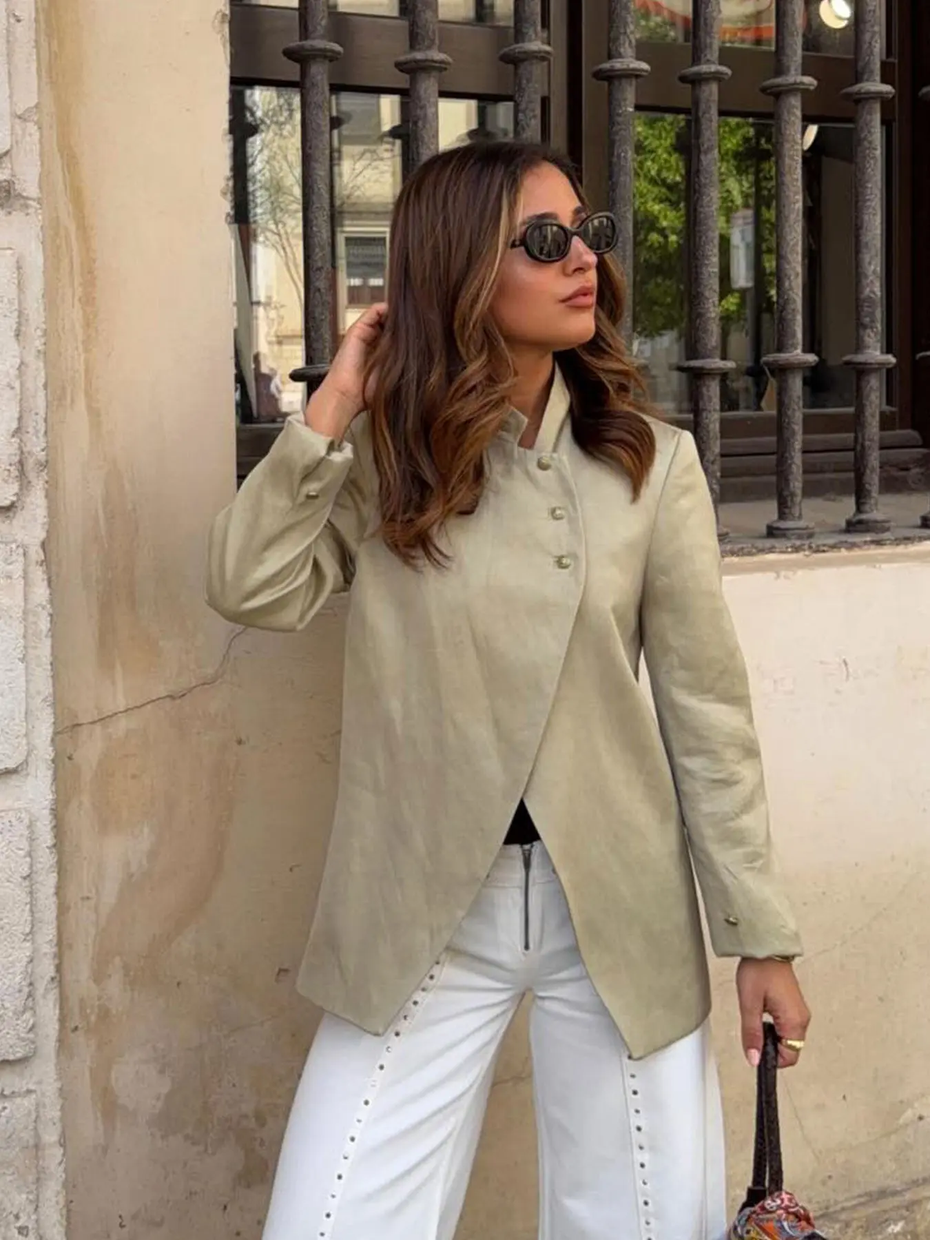 Women's Spring Summer Asymmetrical Design Blazer Jacket, Solid Color Half High Neck Long Sleeve Layered Button Loose Fit, Elegant Casual Office Style Womenswear
