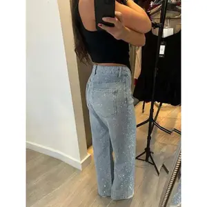 Women’s Sparkling Light Blue Denim Jeans — All-Over Rhinestones, Full Diamond Embellishments, High Waist, Straight Cut, Luxury Casual for Everyday Wear