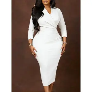 Size Lady 3/4 Sleeves Midi Dress Stight Office Dress Pencil Dress Elegant Women's