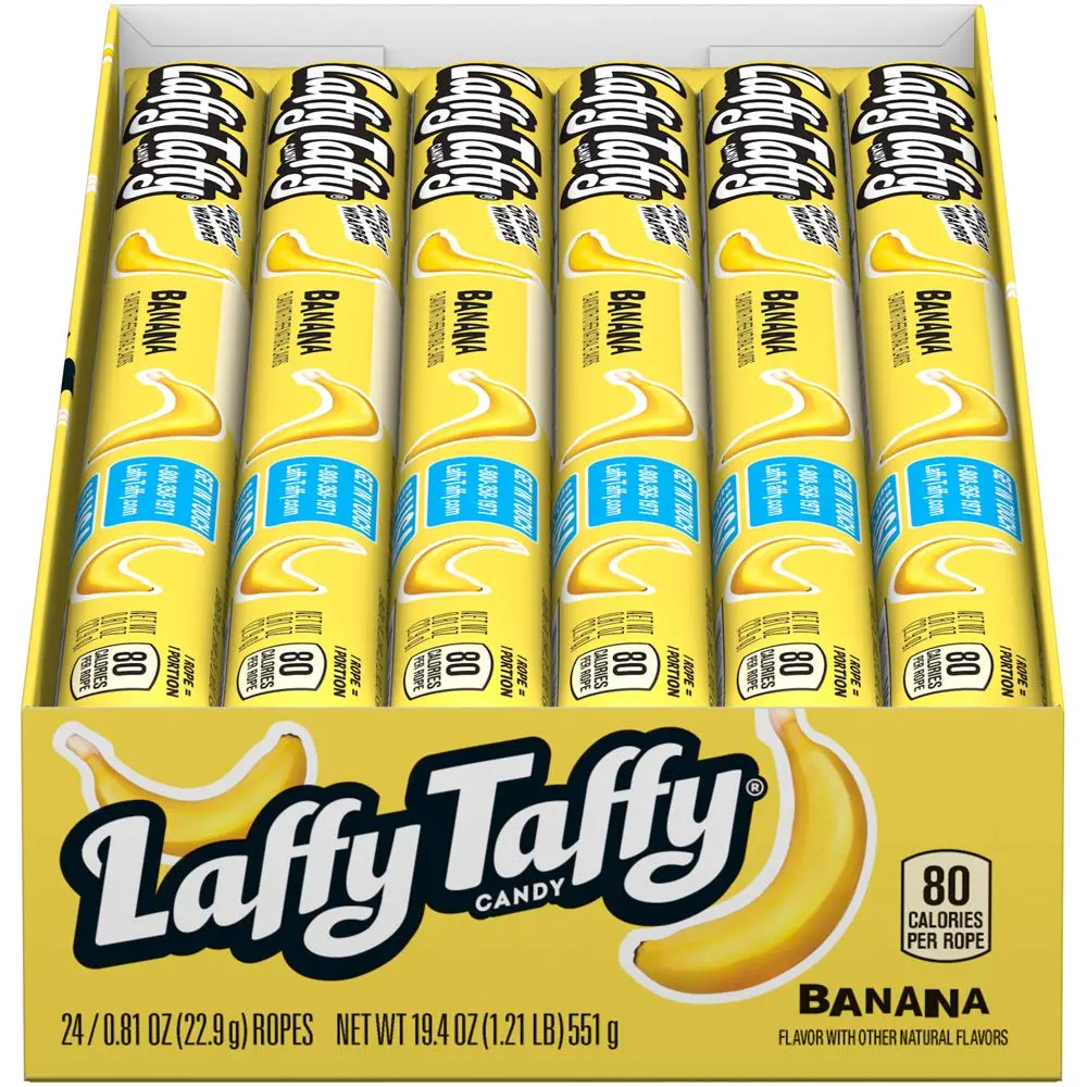 Laffy Taffy Rope Candies Box - 24 Ropes/Box, Gluten Free Fruity Sweet Snacks - Nostalgic Banana, Cherry, Grape, Blue Raspberry & Mystery Flavors, Ideal for Pick and Mix, Parties, Nostalgic Candy