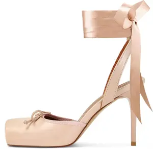 SOVANYOU Satin Ballet Heels for Women with Bow Square Toe Ballerina Stiletto Heels Lace Up High Heel Slingback Pumps Strappy Mary Janes Cute Elegant Party Shoes elegant lady fashion